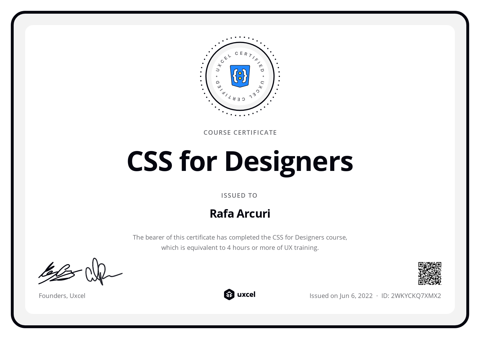 Rafa Arcuri's certificate